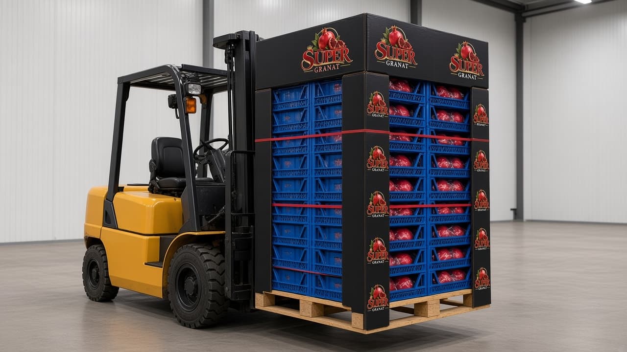 Forklift ile mavi kasalı export paletin taşınması